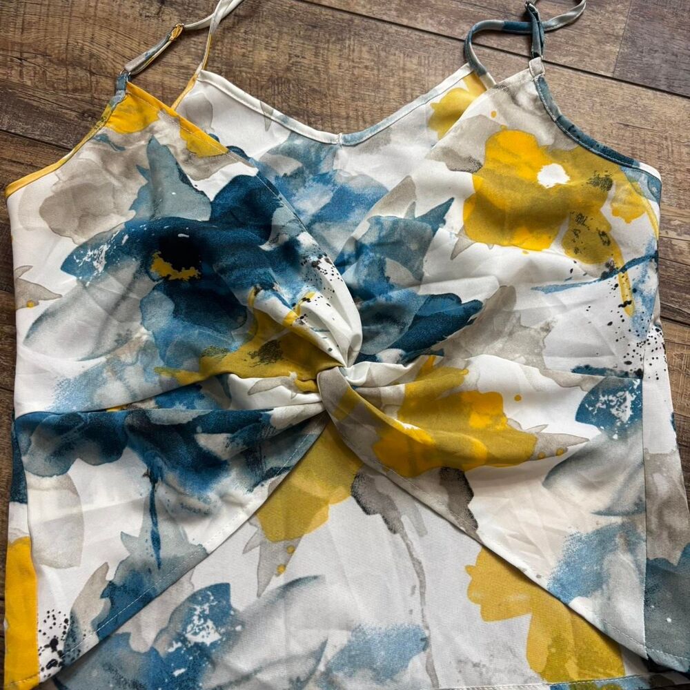 SHEIN White Small Scrunch Yellow Blue Tank Top Women's V Neck Floral Blouse